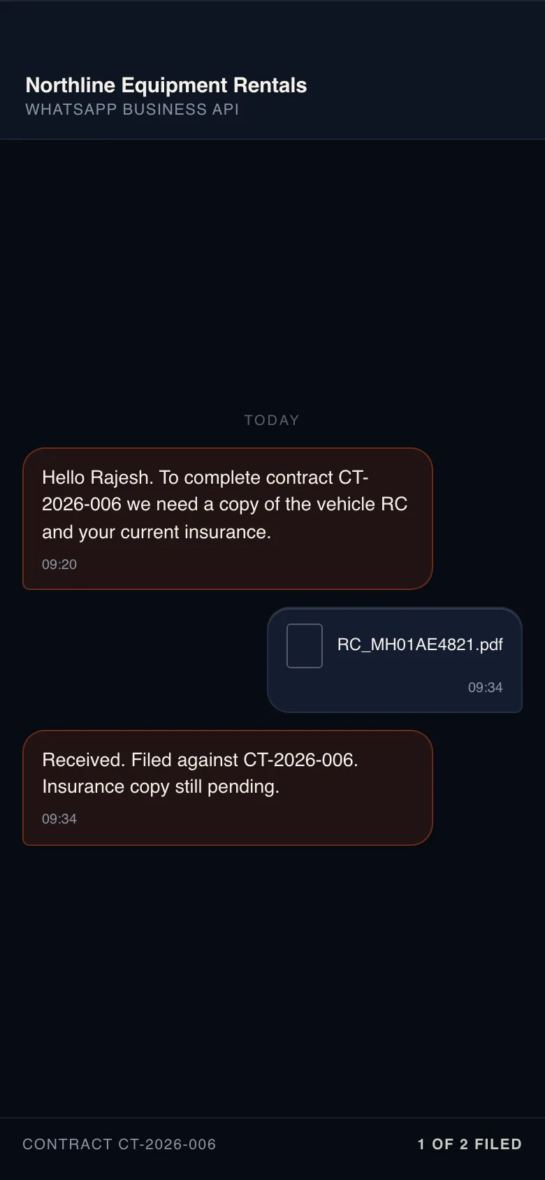 Sample conversation — a WhatsApp document request for a vehicle RC and insurance copy, filed against a fictional Northline contract