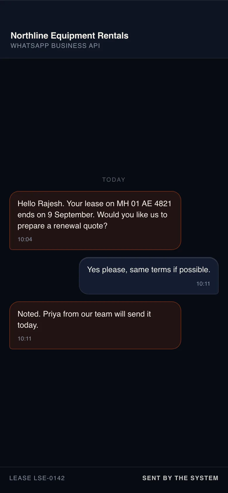 Sample conversation — WhatsApp automation for business in India: a lease renewal reminder sent by the system to a fictional Northline customer